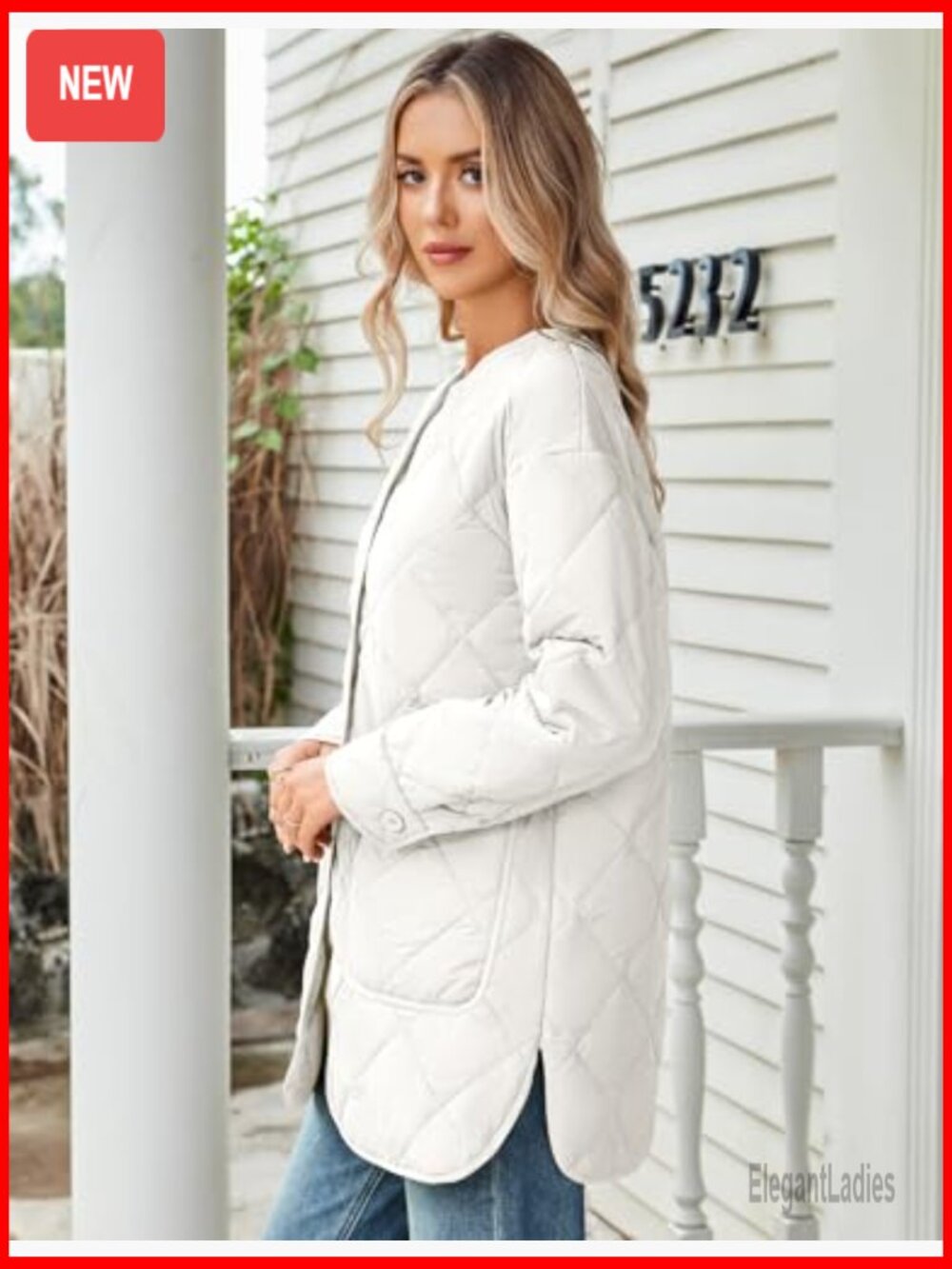 Lightweight Quilted Puffer Jacket with Pockets, Button Front, Mid-Length - Picture 4 of 7